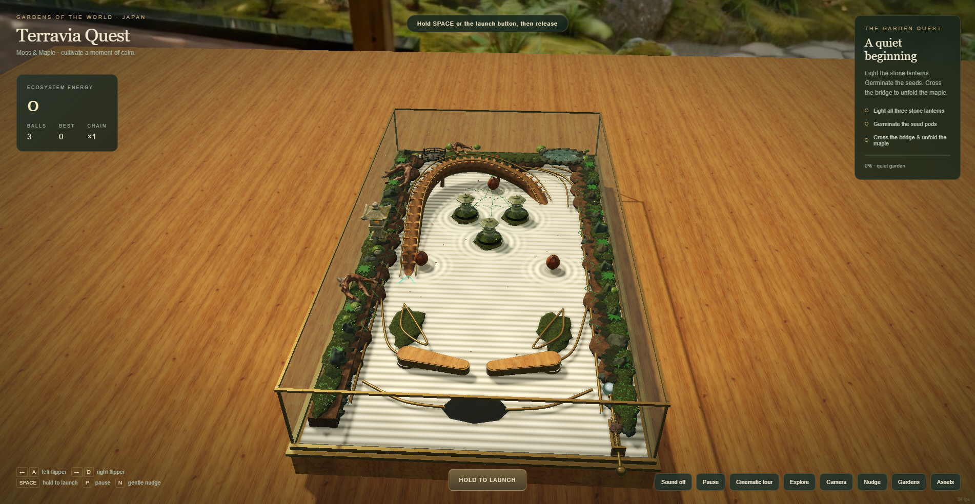 Japanese Moss-Garden Pinball table live in-engine WebGL2 with red maple, stone lantern, wooden bridge and koi pond